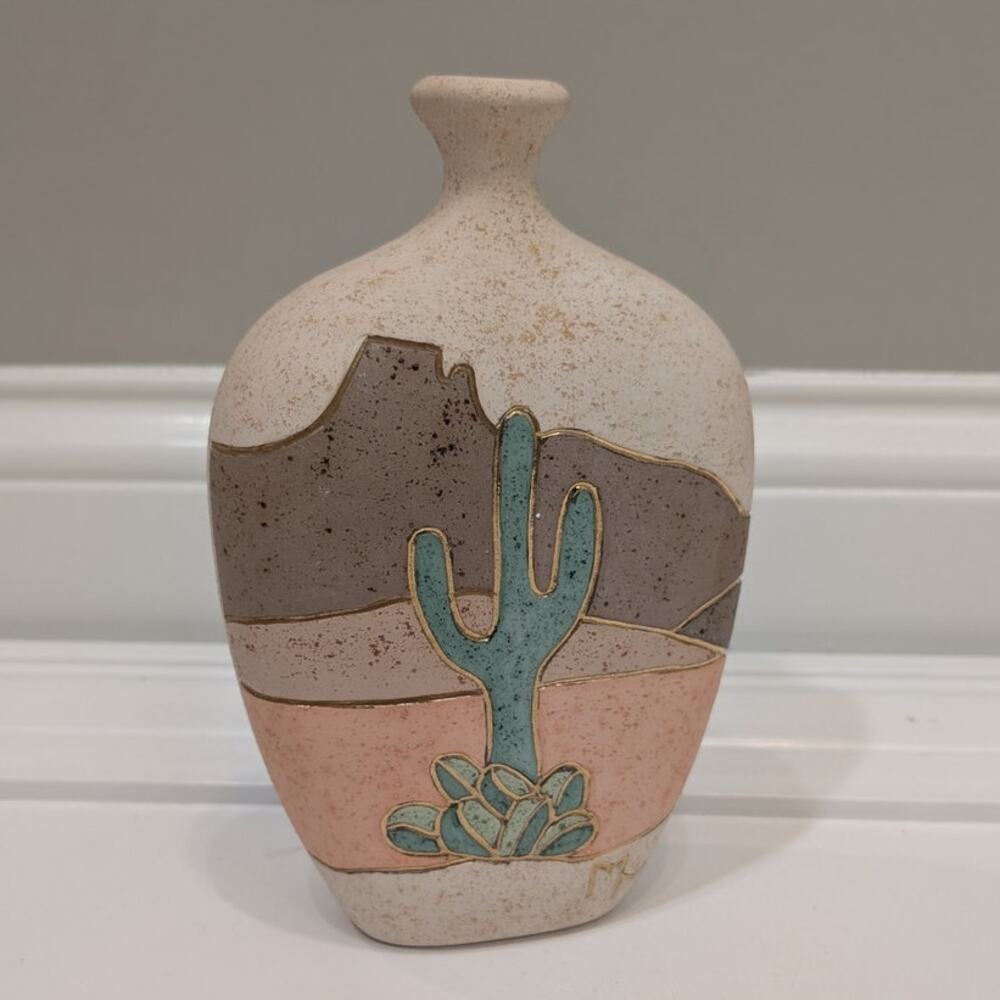 Gardiel Mexican Ceramic Vase Vintage Southwestern Cactus Design Gold Line